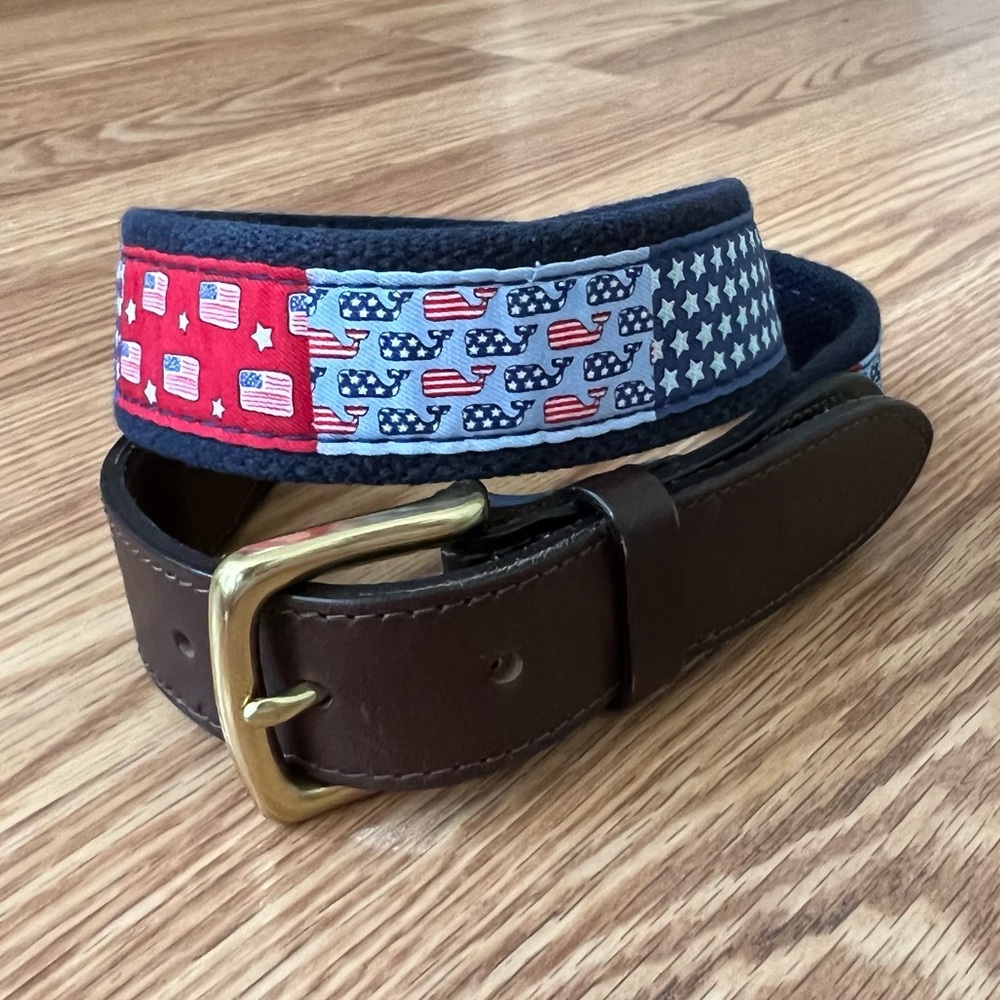 Vineyard Vines Belt Red White Blue Flag Whale woven web canvas belt 30” waist